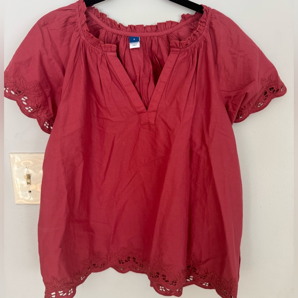 Old Navy Red Blouse with Lace Trim